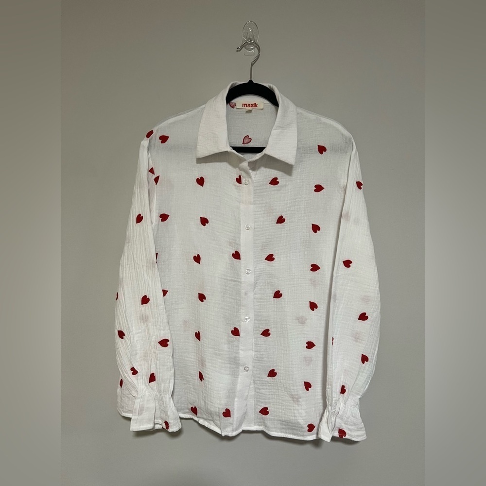 Mazik Cotton Gauze Long Sleeve Button Up Top Size Large Embroidered Hearts